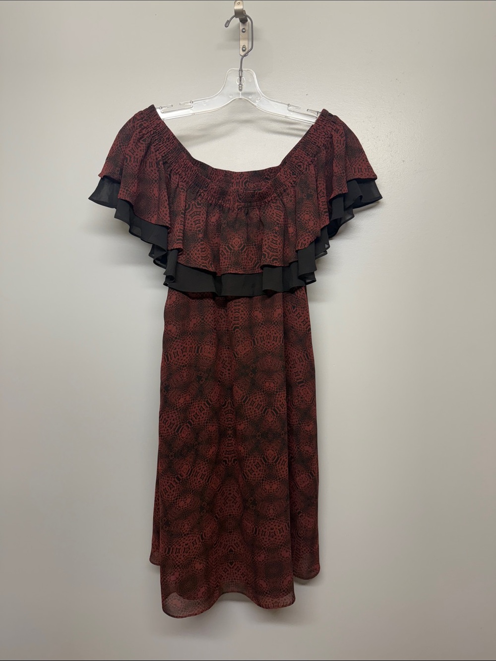 Sam Edelman Burgundy and Black Off-Shoulder Ruffle Midi Dress